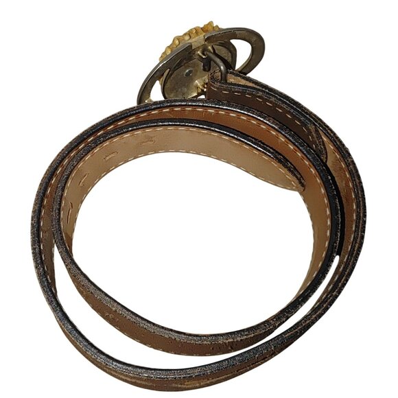 Vintage Justin Belt Western Leather Brown Deer Antler Buckle Size 28 Fur Inlay - Picture 10 of 11